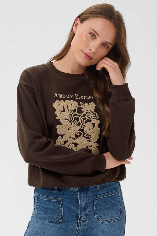 Kaffe sweater met borduursels en print donkerbruin