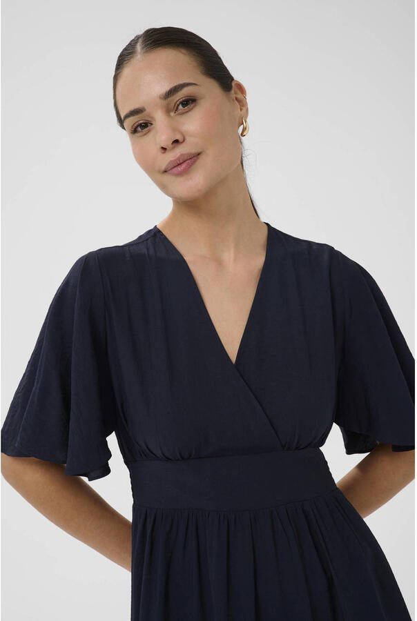 Kaffe wikkel- overslagjurk met plooien donkerblauw