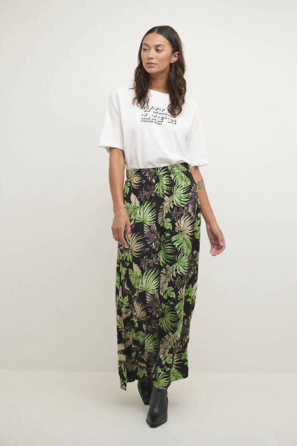 Kaffe maxi rok Kalulu met bladprint zwart groen