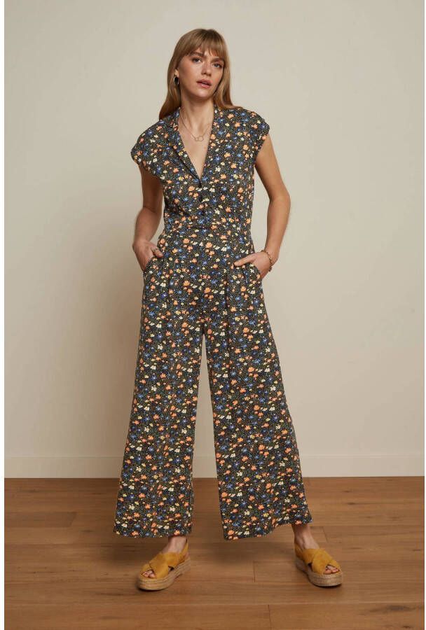 King Louie gebloemde jumpsuit Lola wide leg Jumpsuit Lopez zwart oranje blauw