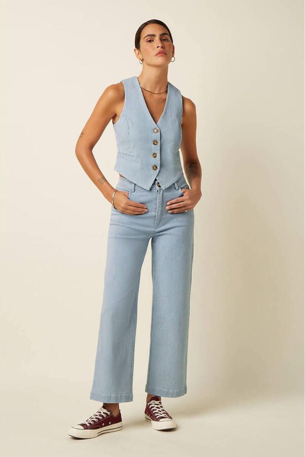 King Louie Beatriz Pants Corner Stripe high waist gestreepte cropped jeans lichtblauw