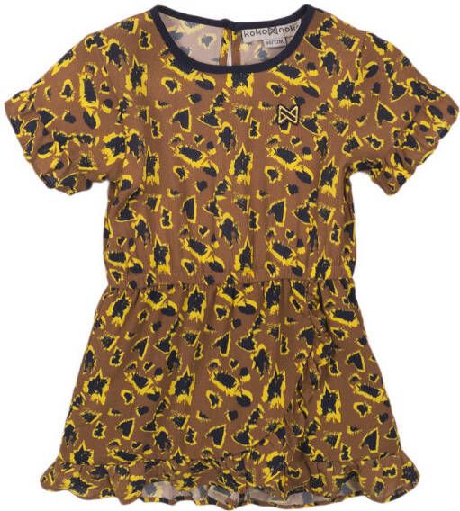 Koko Noko jurk met all over print en ruches camel zwart geel Bruin Meisjes Viscose Ronde hals 104