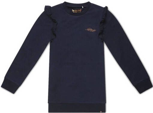 Koko Noko sweatjurk Nena met tekst en ruches donkerblauw Meisjes Stretchkatoen Ronde hals 122 128