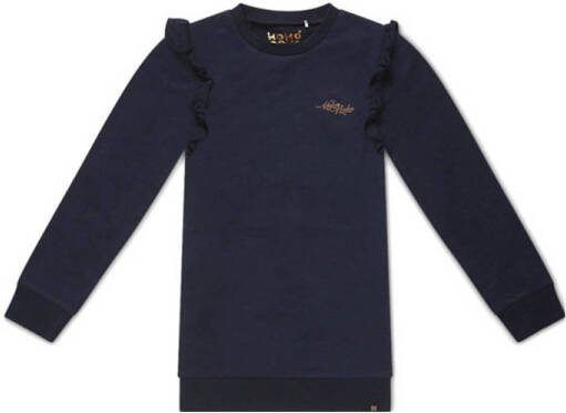 Koko Noko sweatjurk Nena met tekst en ruches donkerblauw Meisjes Stretchkatoen Ronde hals 122 128