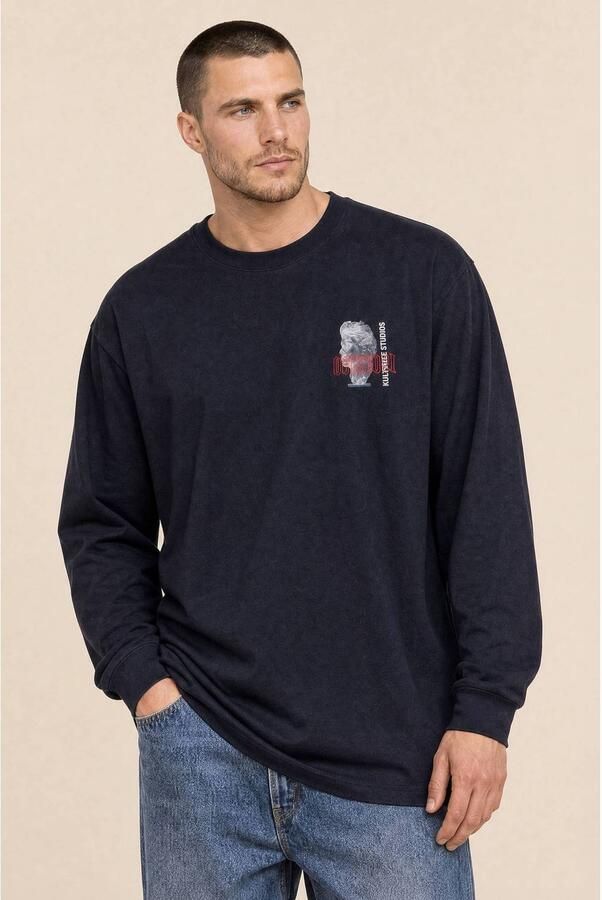 Kultivate oversized longsleeve met backprint donkerblauw