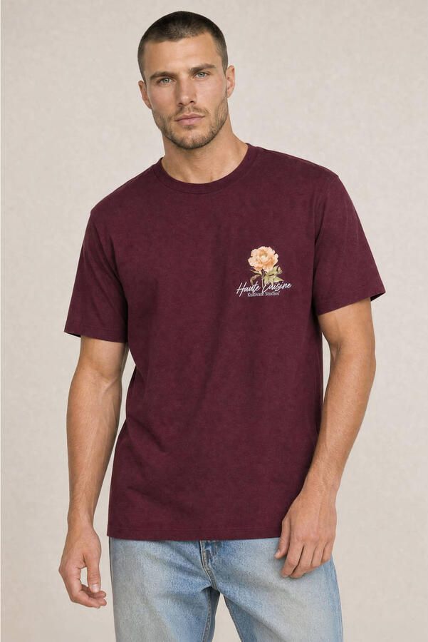 Kultivate regular fit T-shirt met backprint en borduursels donkerrood
