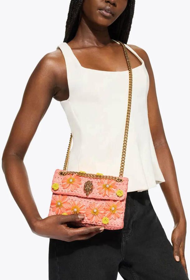 Kurt Geiger raffia crossbody tas Mini Kensington met bloemen roze