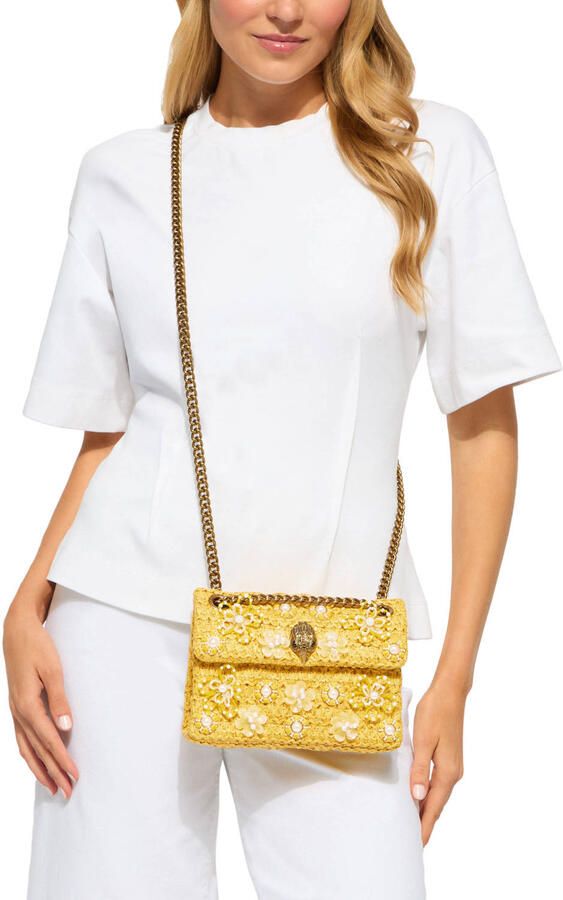 Kurt Geiger raffia crossbody tas Mini Kensington met parels geel