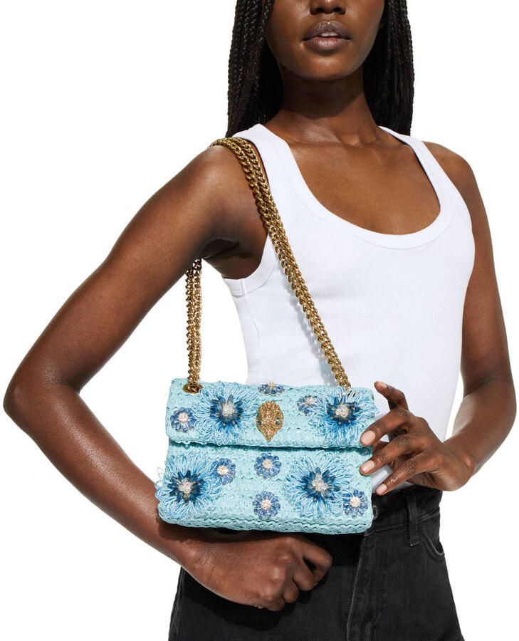 Kurt Geiger raffia crossbody tas Mini Kensington met sierstenen lichtblauw