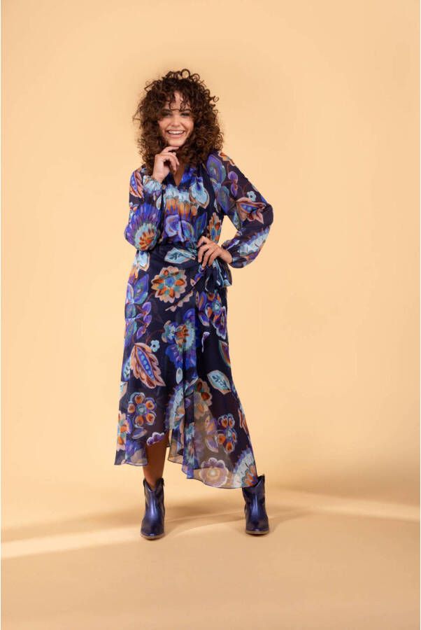 LabeL DOT gebloemde semi-transparante jurk Sophie blauw oranje