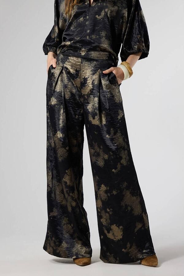 LabeL DOT wide leg broek met print zwart goud