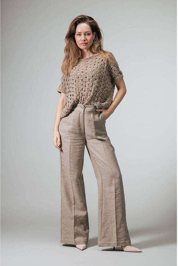 LabeL DOT wide leg high waist broek met linnen taupe - Foto 2