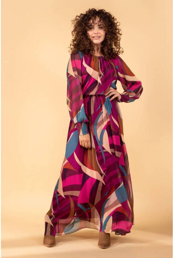 LabeL DOT semi-transparante maxi jurk Saida met all over print en plooien fuchsia blauw