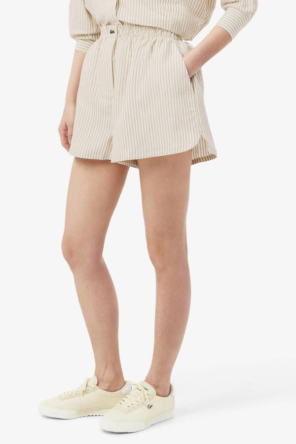 Lacoste baggy high waist gestreepte casual short met linnen beige