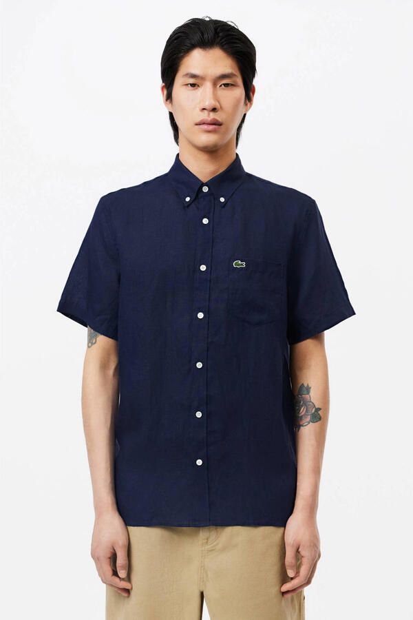 Lacoste regular casual overhemd met linnen donkerblauw