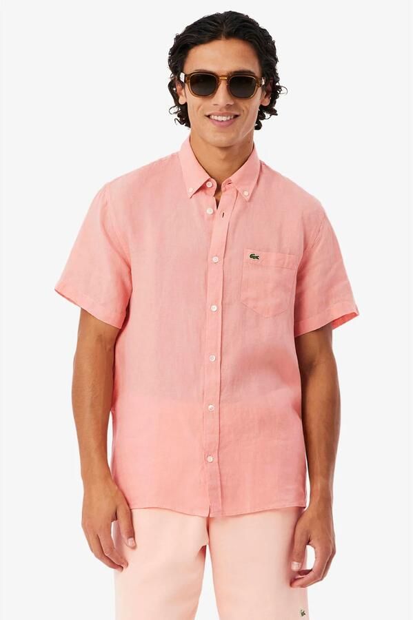 Lacoste regular casual overhemd met linnen roze