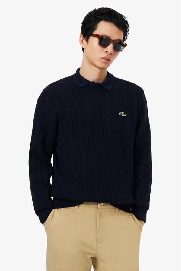 Lacoste Chunky Gebreide Ronde Hals Trui met Kabel Motief Blue Heren