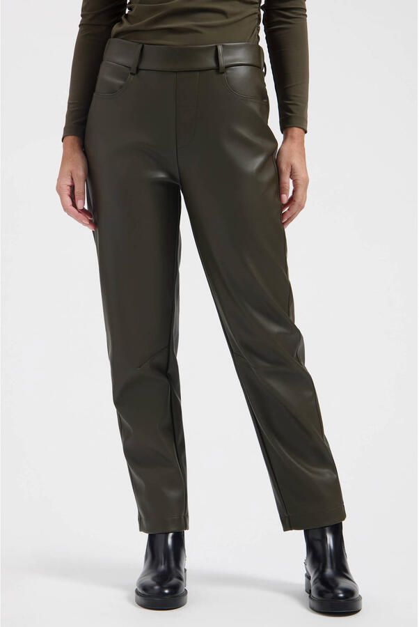 Lady Day imitatieleren high waist straight leg broek donkergroen