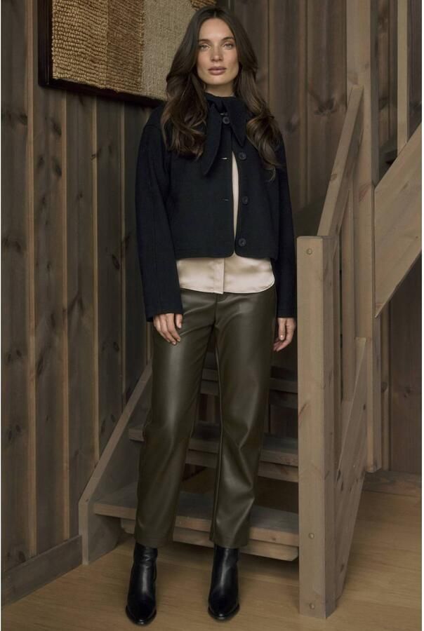 Lady Day imitatieleren high waist straight leg broek donkergroen - Foto 3
