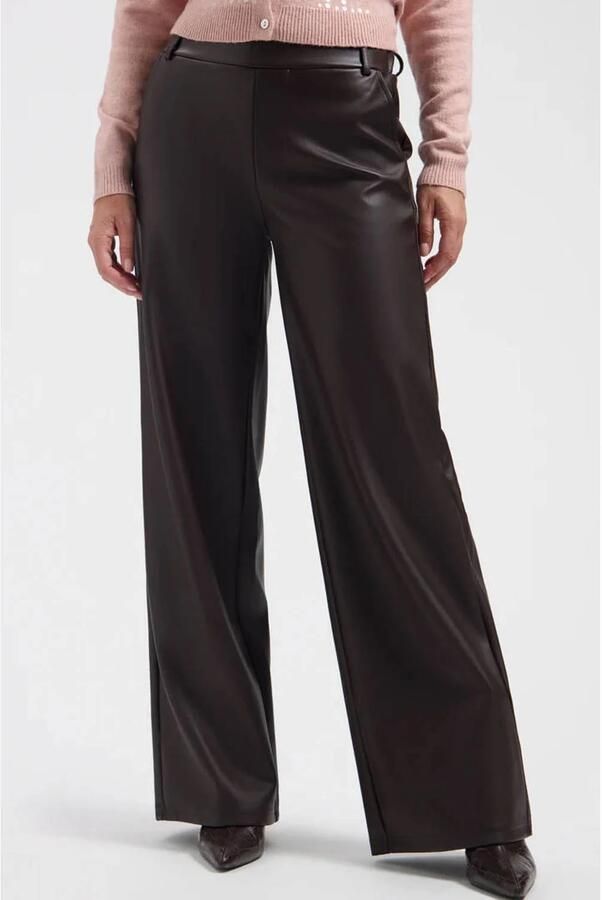 Lady Day imitatieleren wide leg broek donkerbruin