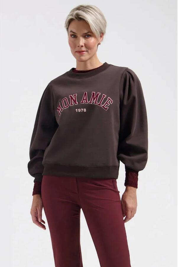 Lady Day sweater met tekst donkerbruin
