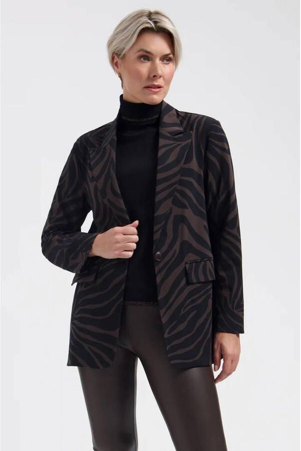 Lady Day travelstof regular fit blazer met zebraprint donkerbruin zwart