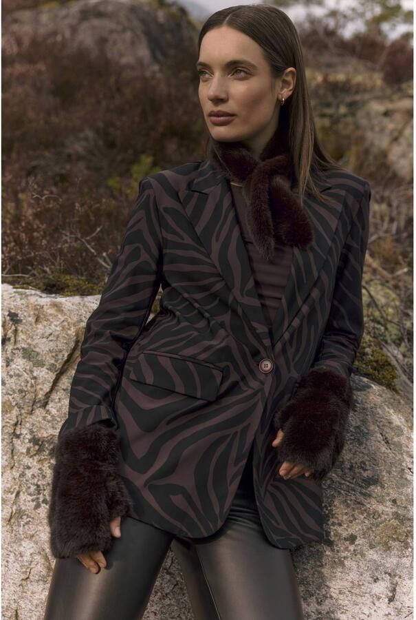 Lady Day travelstof regular fit blazer met zebraprint donkerbruin zwart - Foto 3