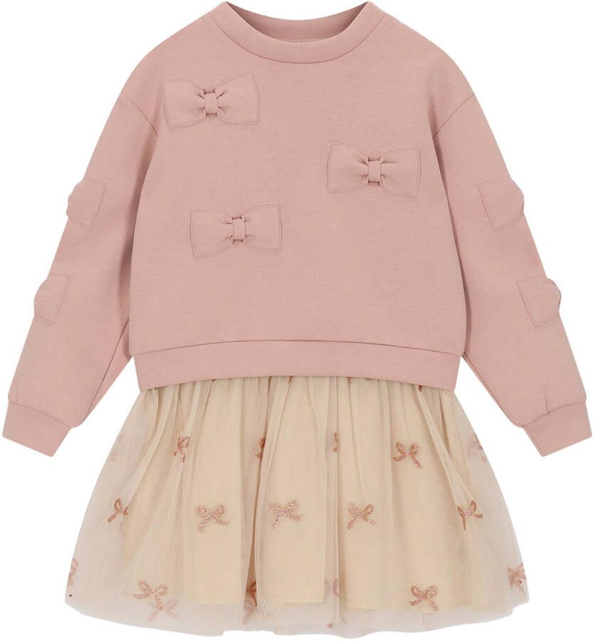 Le Chic korte jurk met tule en print roze Meisjes Sweat Ronde hals All over print