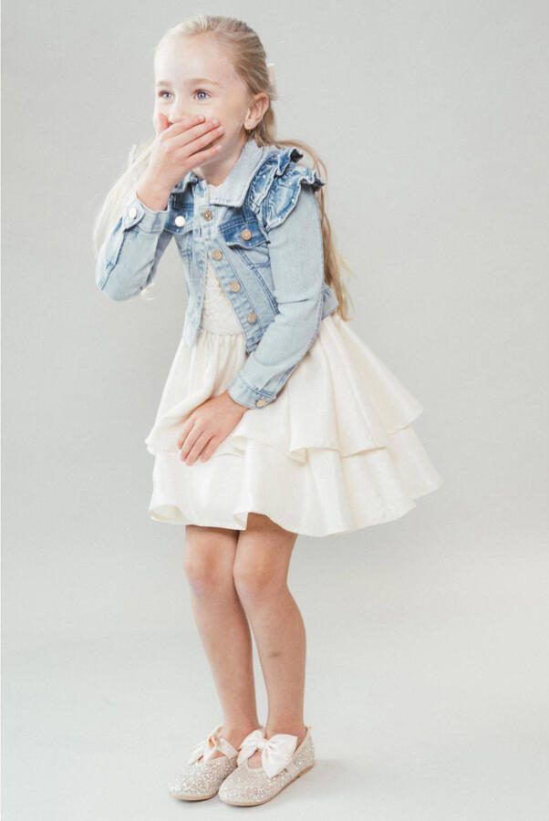 Le Chic spijkerjas met parels en ruches light blue denim