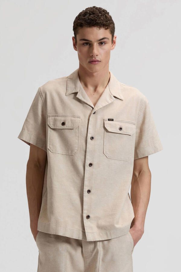 Lee regular casual overhemd met linnen taupe