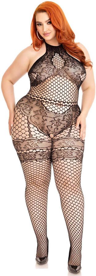 Leg Avenue +size fishnet bodysuit met open kruis zwart - Foto 3