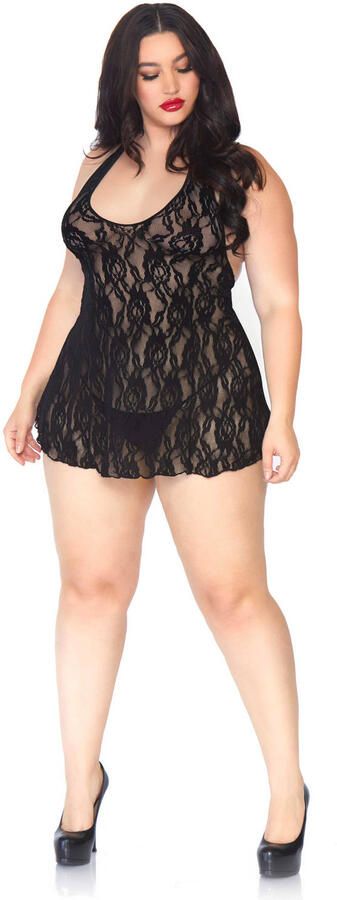 Leg Avenue +size kanten halter slipdress met string zwart - Foto 3