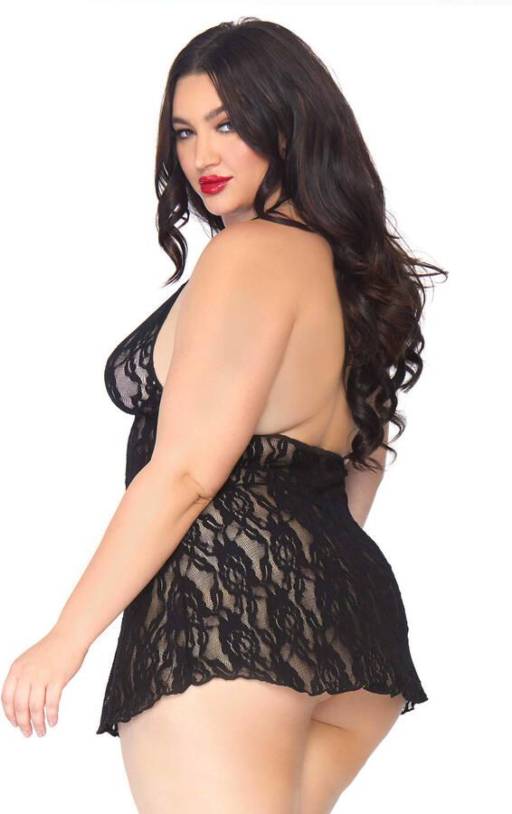 Leg Avenue +size kanten halter slipdress met string zwart - Foto 2