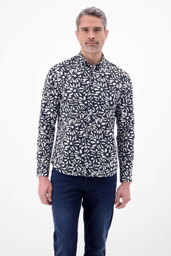 LERROS regular casual overhemd met linnen donkerblauw