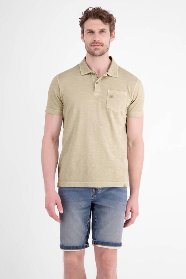 LERROS regular fit gemêleerde polo met geribde boorden beige