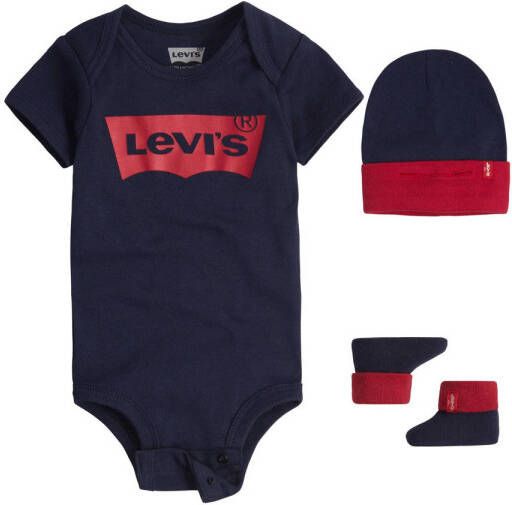 Levis Levi's Kids giftset Classic Batwing met romper donkerblauw rood Jongens Katoen Ronde hals 6-12 mnd