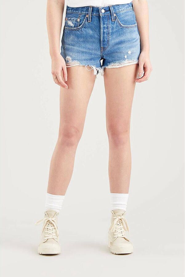 Levi's Blauwe Katoenen Jeans Broek Kort 501 5 Zakken Versleten Effect Logo Blue Dames - Foto 5