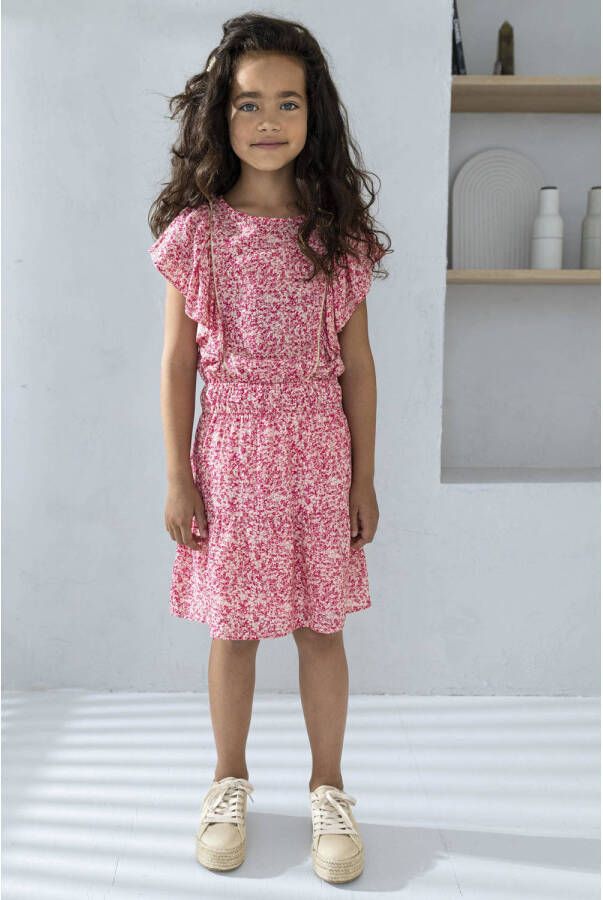 Like Flo A-lijn jurk met all over print en ruches roze Meisjes Viscose (duurzaam materiaal) Ronde hals 128