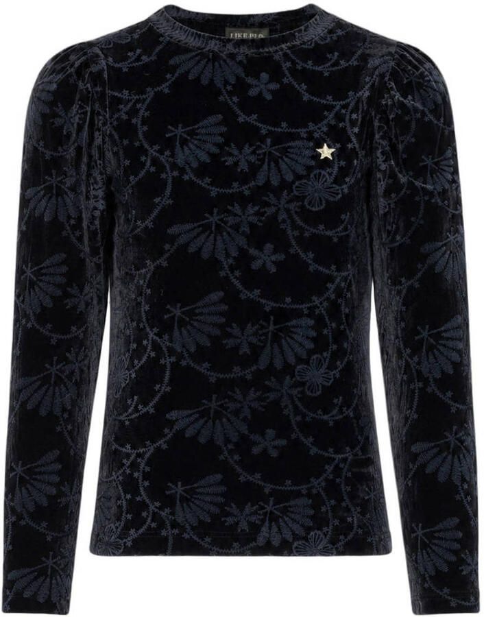 Like Flo fluwelen getailleerde longsleeve met print antraciet