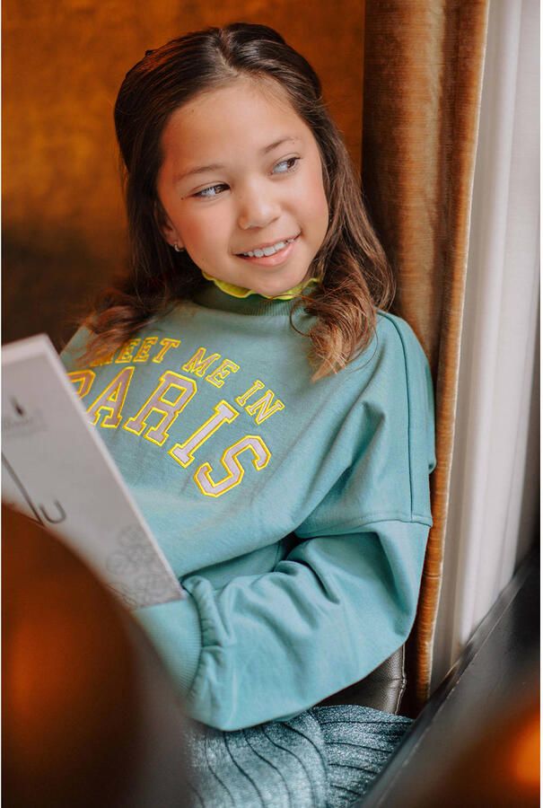 Like Flo oversized sweater met print turquoise geel Blauw Meisjes Katoen Ronde hals - Foto 4
