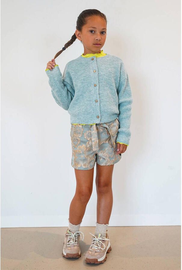 Like Flo regular fit gebloemde jacquard short met ceintuur lichtblauw