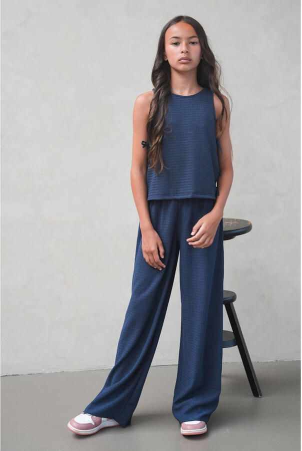 Like Flo Young wide leg regular waist casual broek donkerblauw met textuur - Foto 2
