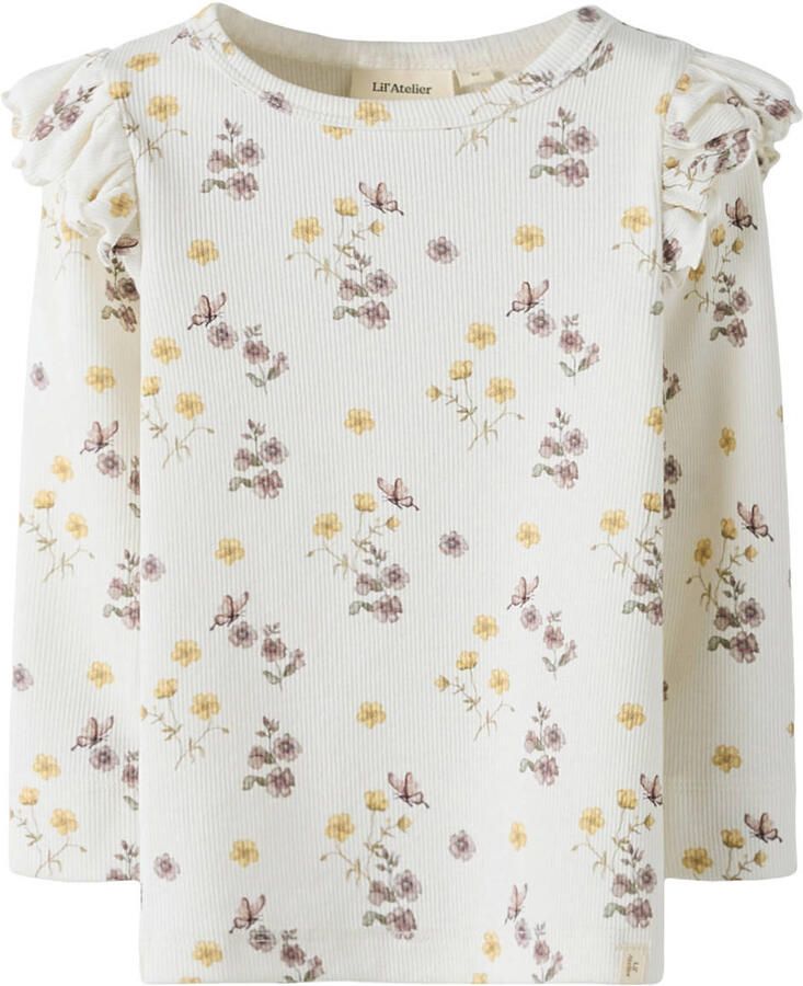 LIL' ATELIER MINI aansluitend gebloemde longsleeve met ruches ecru