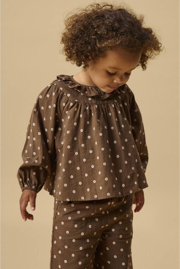LIL' ATELIER MINI gebloemde blousetop met ruches bruingroen