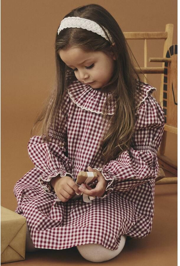 LIL' ATELIER MINI geruite korte A-lijn jurk rood wit Meisjes Katoen Peter Pan-kraag - Foto 3