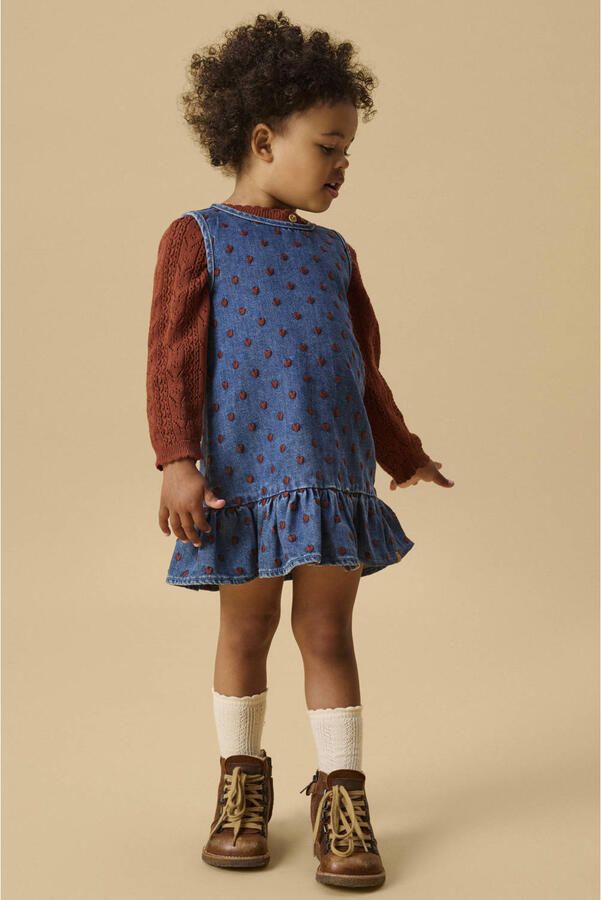 LIL' ATELIER MINI spijkerjurk met ruches en hartjes donkerblauw