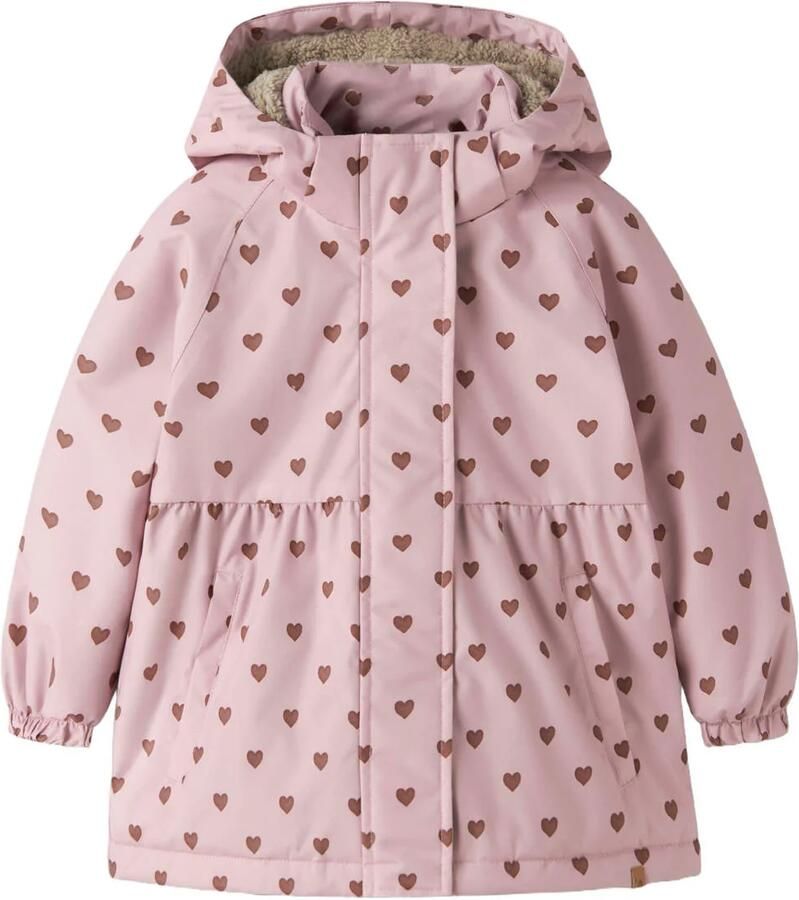 LIL' ATELIER MINI winterjas met print roze bruin Meisjes Polyester Capuchon