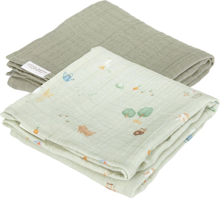 Little Dutch hydrofiele doek set van 2- Little Farm Olive Swaddle Groen