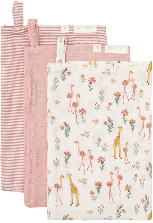 Little Dutch washandjes set van 3 Roze Blooming Safari