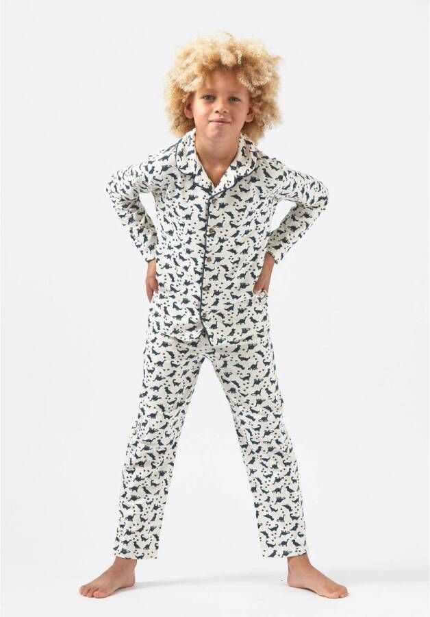 Little Label pyjama met all over print wit donkerblauw Jongens Stretchkatoen Reverskraag 110